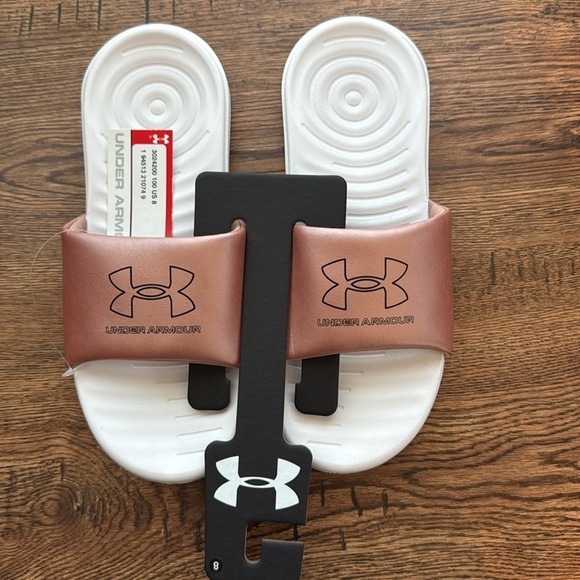 Women UA Under Armour UA W ANSA LE
Slide Sandals. Size 8. Rose Gold/Pink White. - Picture 2 of 9